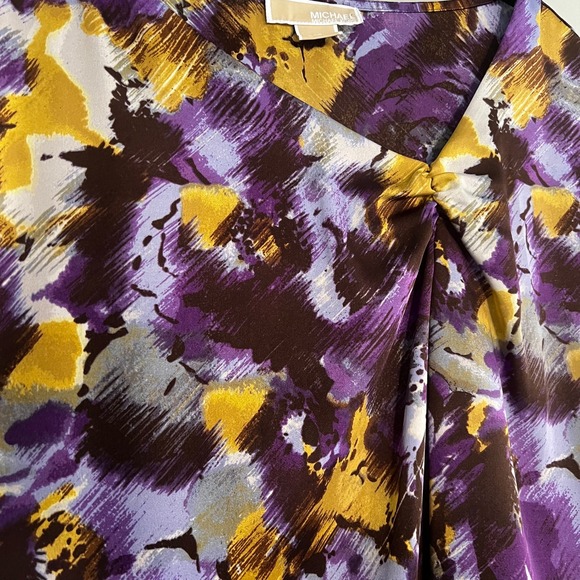 Michael Michael Kors Purple Gold Abstract Brushstroke Draped Cap Sleeve Blouse L - Picture 2 of 11